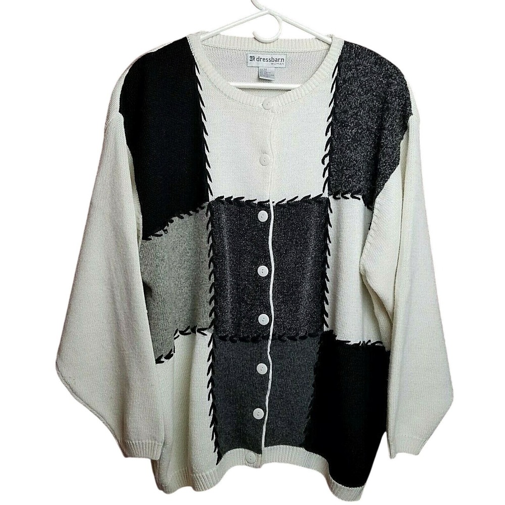 Dressbarn Black White Patchwork‎ Cardigan Sweater 3X Wool Blend Cozy Grandmacore